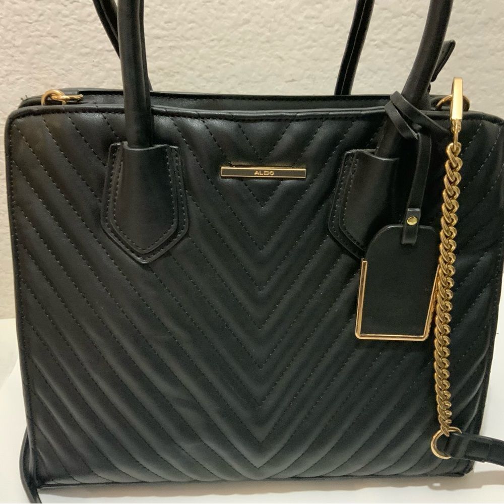 Aldo Womens Satchel Handbag Black Pockets Dual Handle Chain Zipper Faux Leather - Picture 12 of 16